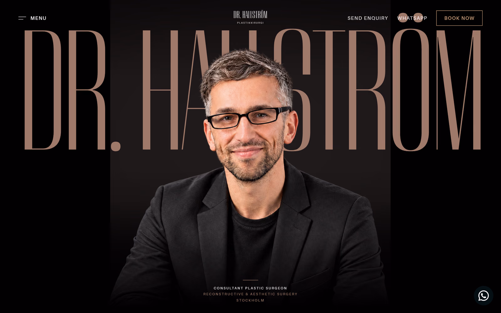 Le site Dr Hallström : page d’accueil éditoriale sombre aux touches cuivrées